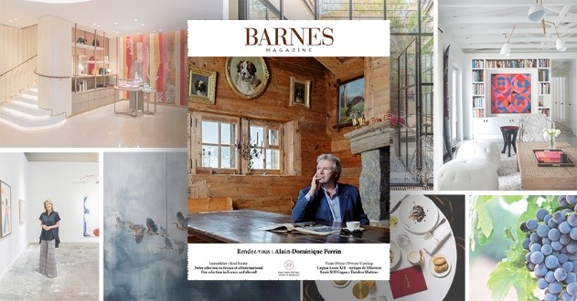 New edition of the BARNES magazine with the main guest featured on the cover page, and various pictures in the background representing Art and real estate.