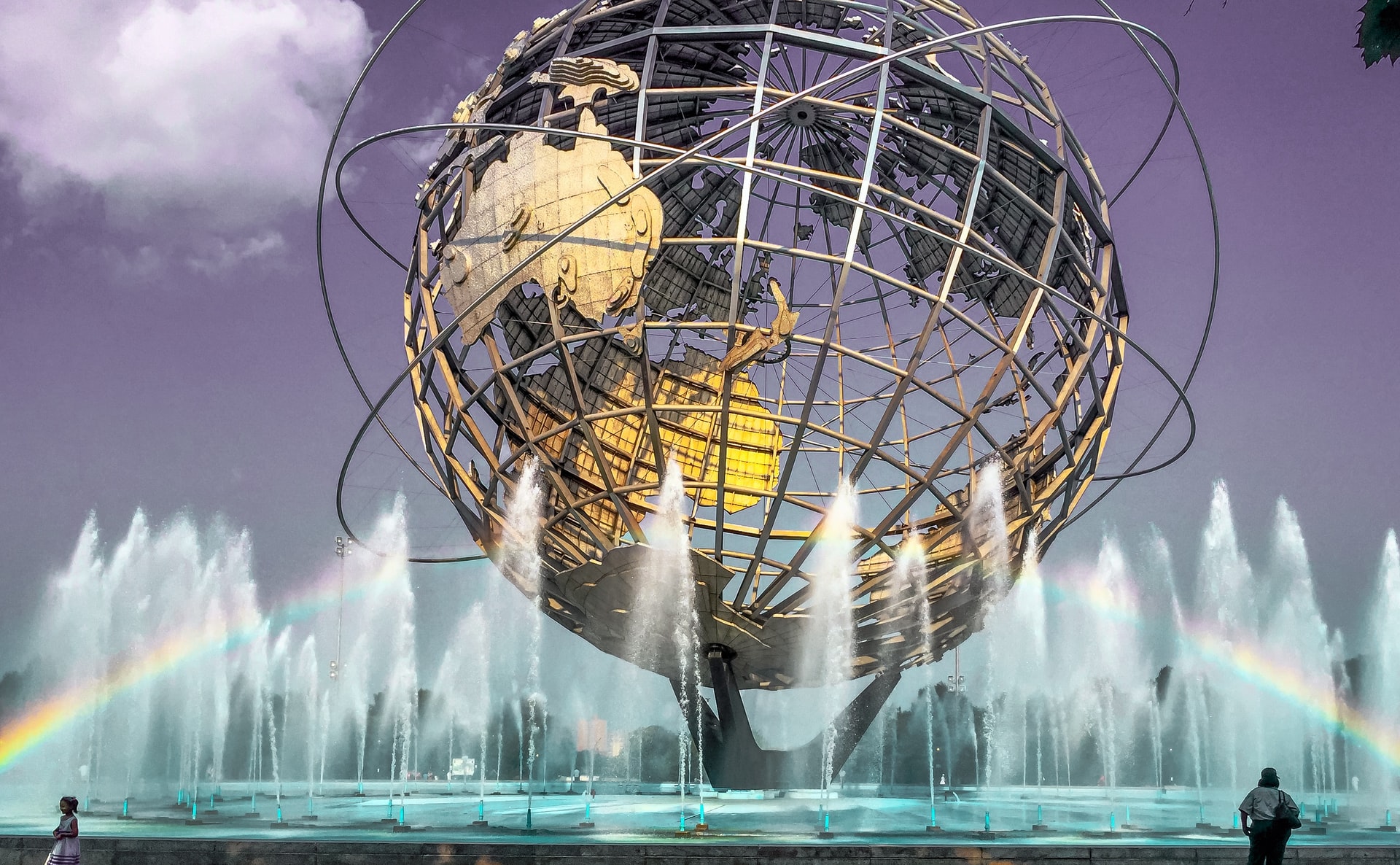 A picture of the Unisphere, a spherical stainless steel representation of Earth located in the Meadows–Corona Park in Flushing, Queens.