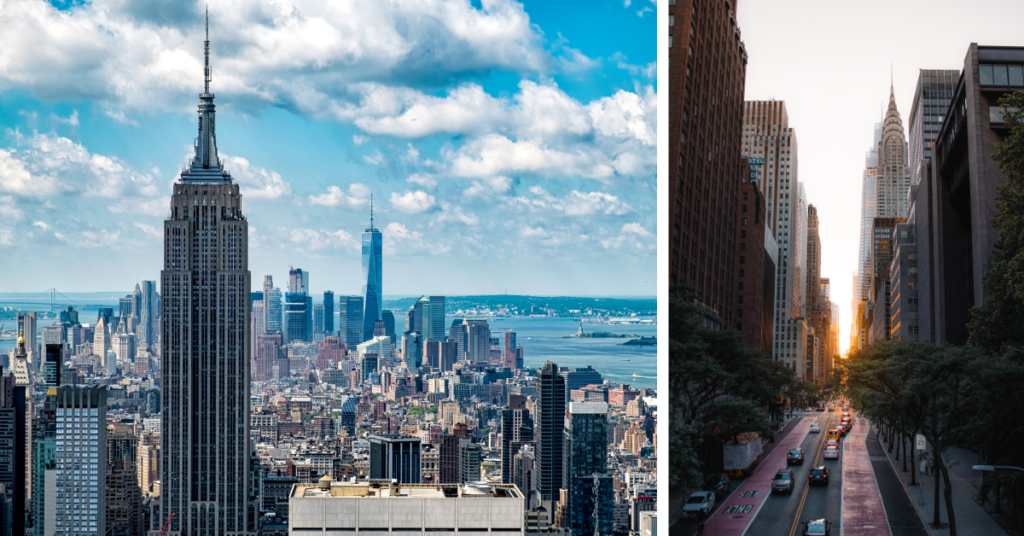 There are two images, the one on the left shows an overhead view of New York with the magnificent Empire State Building on a sunny day, and the one on the right shows a wide avenue with trees.