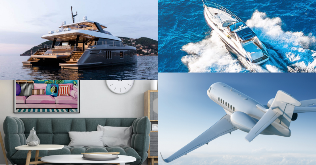 Quatre photos représentent les extra-activités proposées par BARNES : yachting, iXAir, Art Advisory...